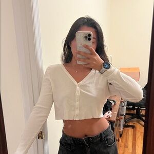Brandy Melville Cream V-Neck Button-Up Crop Top